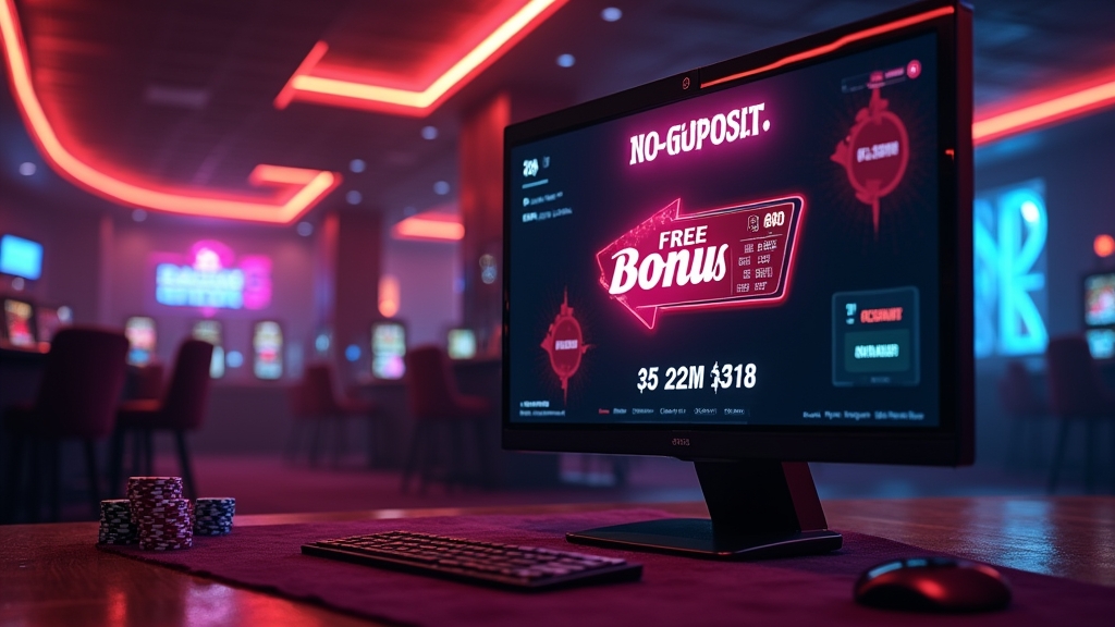 Dark casino lobby with a no deposit bonus banner and glowing slot lights