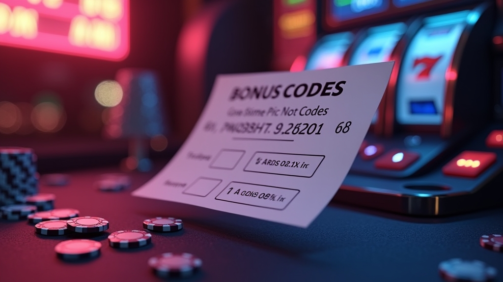 Dark casino desk with a bonus code reference table and glowing slot reels