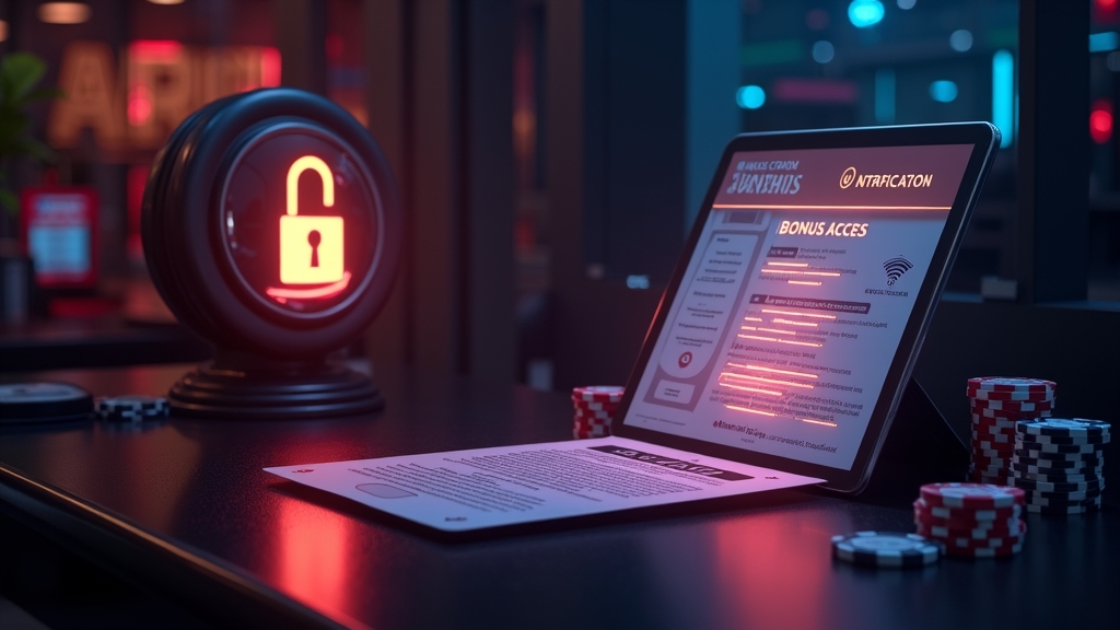 Casino bonus verification scene with documents, locked reward icon, and slot lights