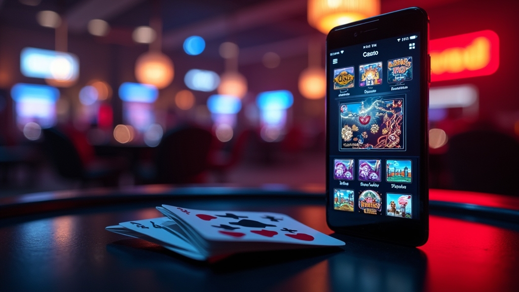 Smartphone showing a casino app lobby with slots and live dealer tiles.