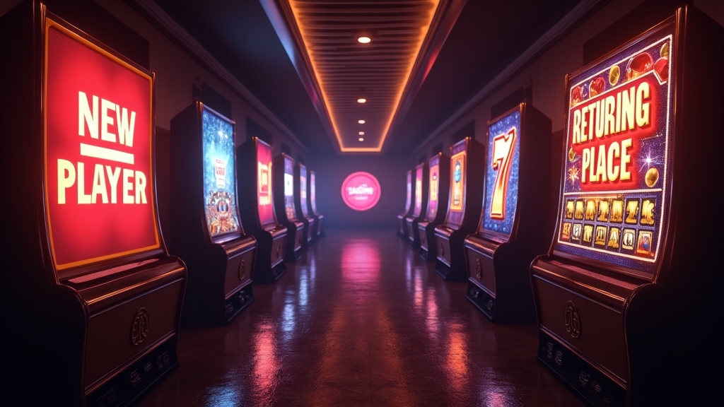 Split casino scene comparing new-player and returning-player bonus offers